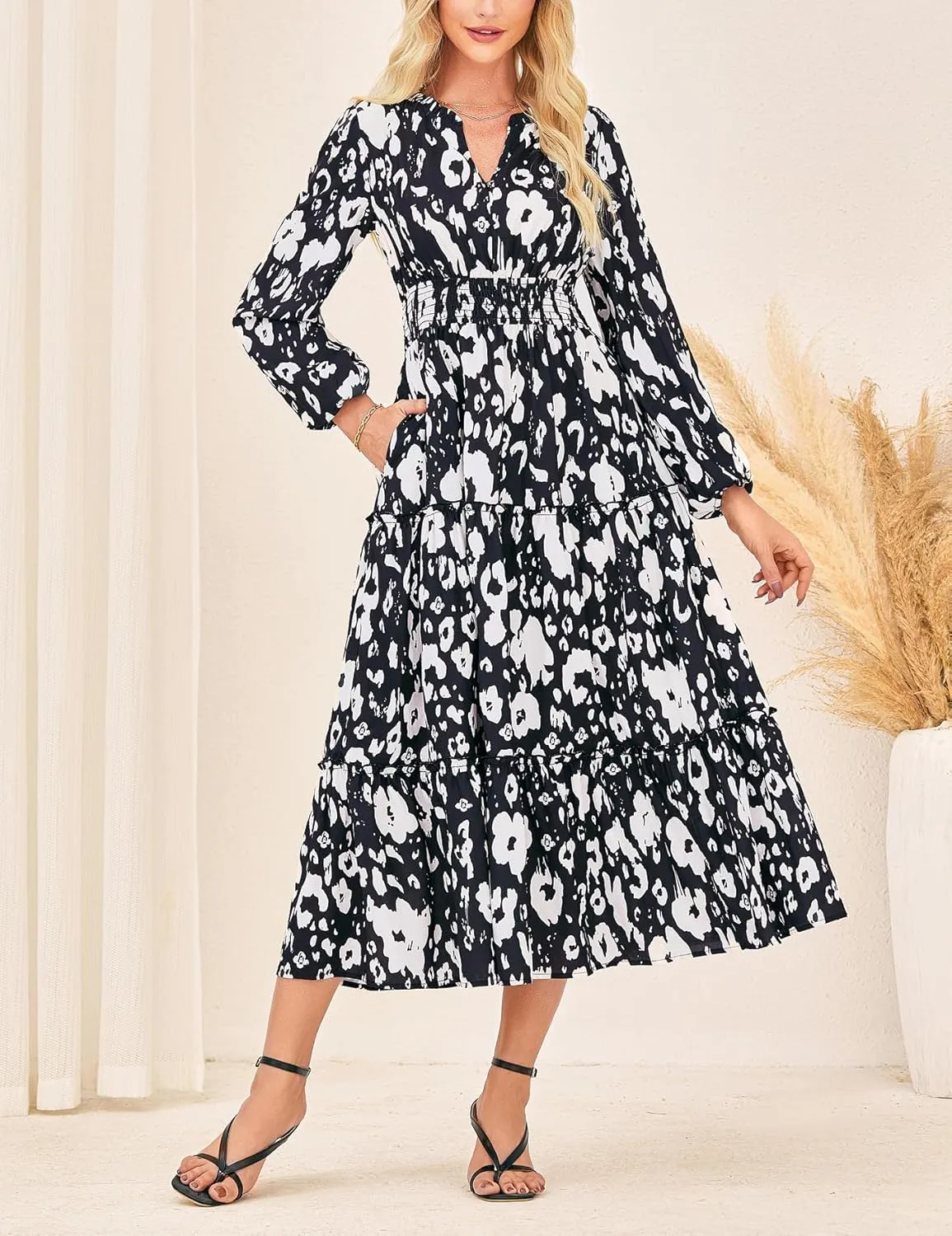 GRACE KARIN Women's Floral Maxi Dress Long Sleeve V Neck Casual A Line Spring Fall Winter Flowy Tiered Dresses with Pockets
