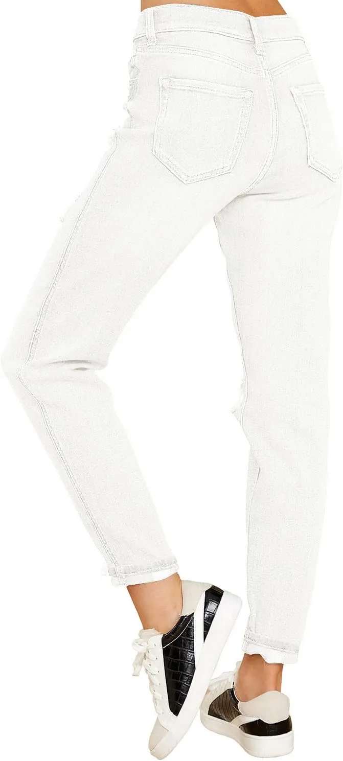 GRAPENT Women's Casual High Waisted Mom Jeans Ripped Stretchy Tapered Denim Pants