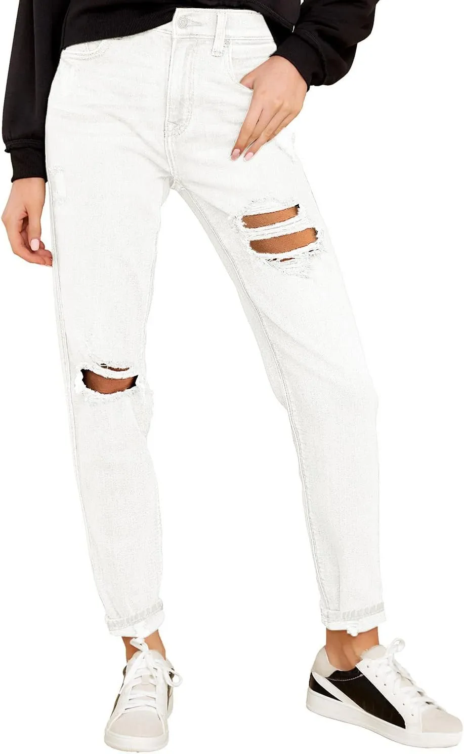 GRAPENT Women's Casual High Waisted Mom Jeans Ripped Stretchy Tapered Denim Pants