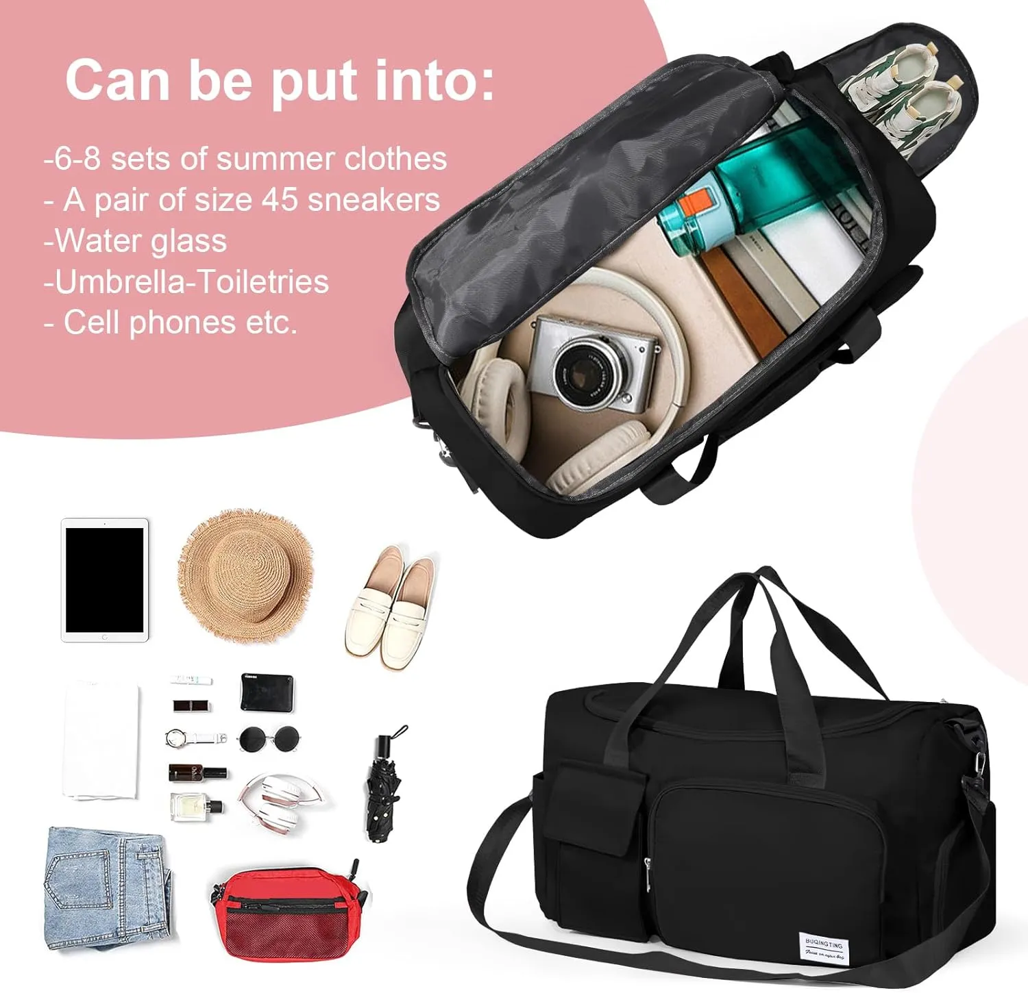 Gym Bag for Women, Duffle Bag with Wet Pocket & Shoes Compartment, Waterproof Carry On Sport Bag, Tote for Workout, Travel, Weekender, Black, Casual