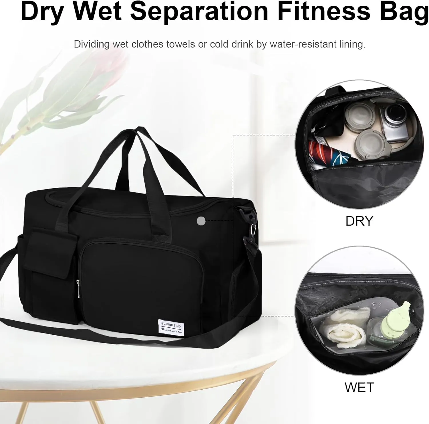 Gym Bag for Women, Duffle Bag with Wet Pocket & Shoes Compartment, Waterproof Carry On Sport Bag, Tote for Workout, Travel, Weekender, Black, Casual