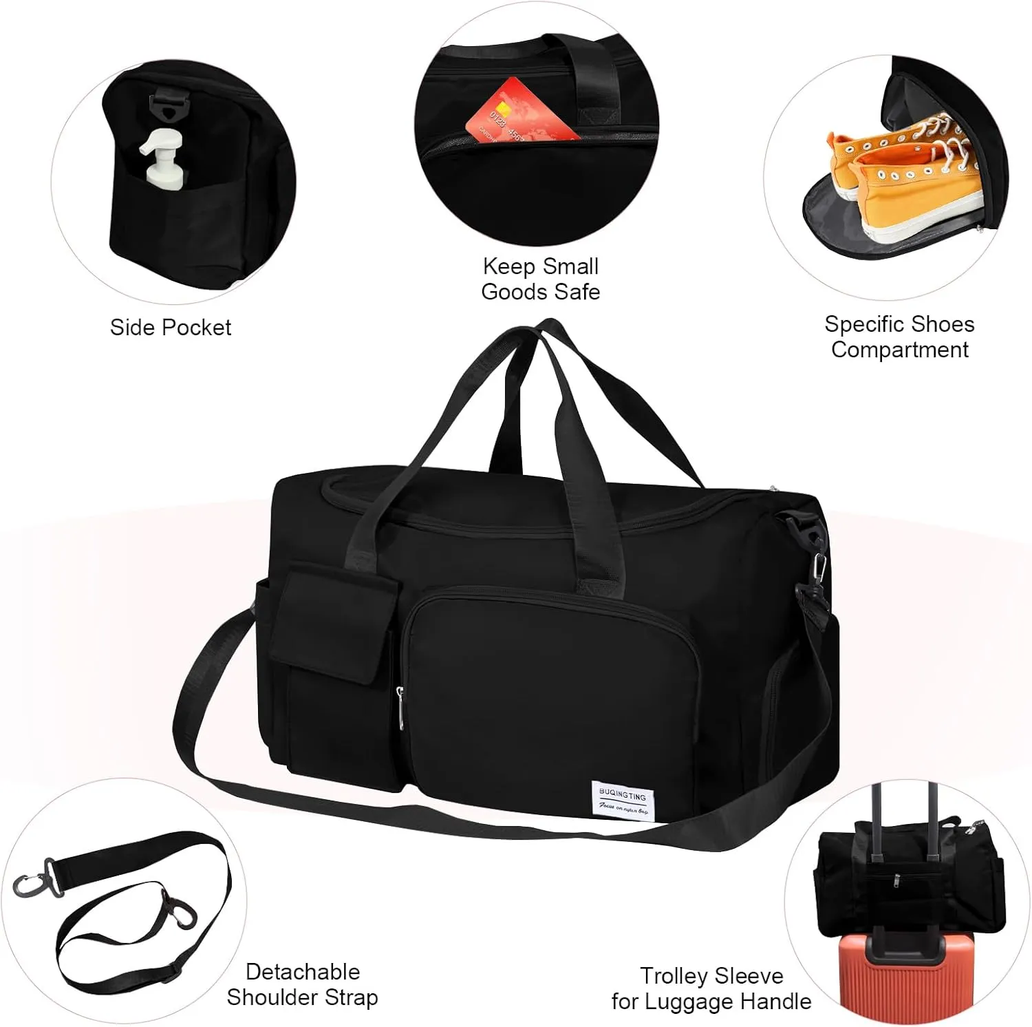 Gym Bag for Women, Duffle Bag with Wet Pocket & Shoes Compartment, Waterproof Carry On Sport Bag, Tote for Workout, Travel, Weekender, Black, Casual