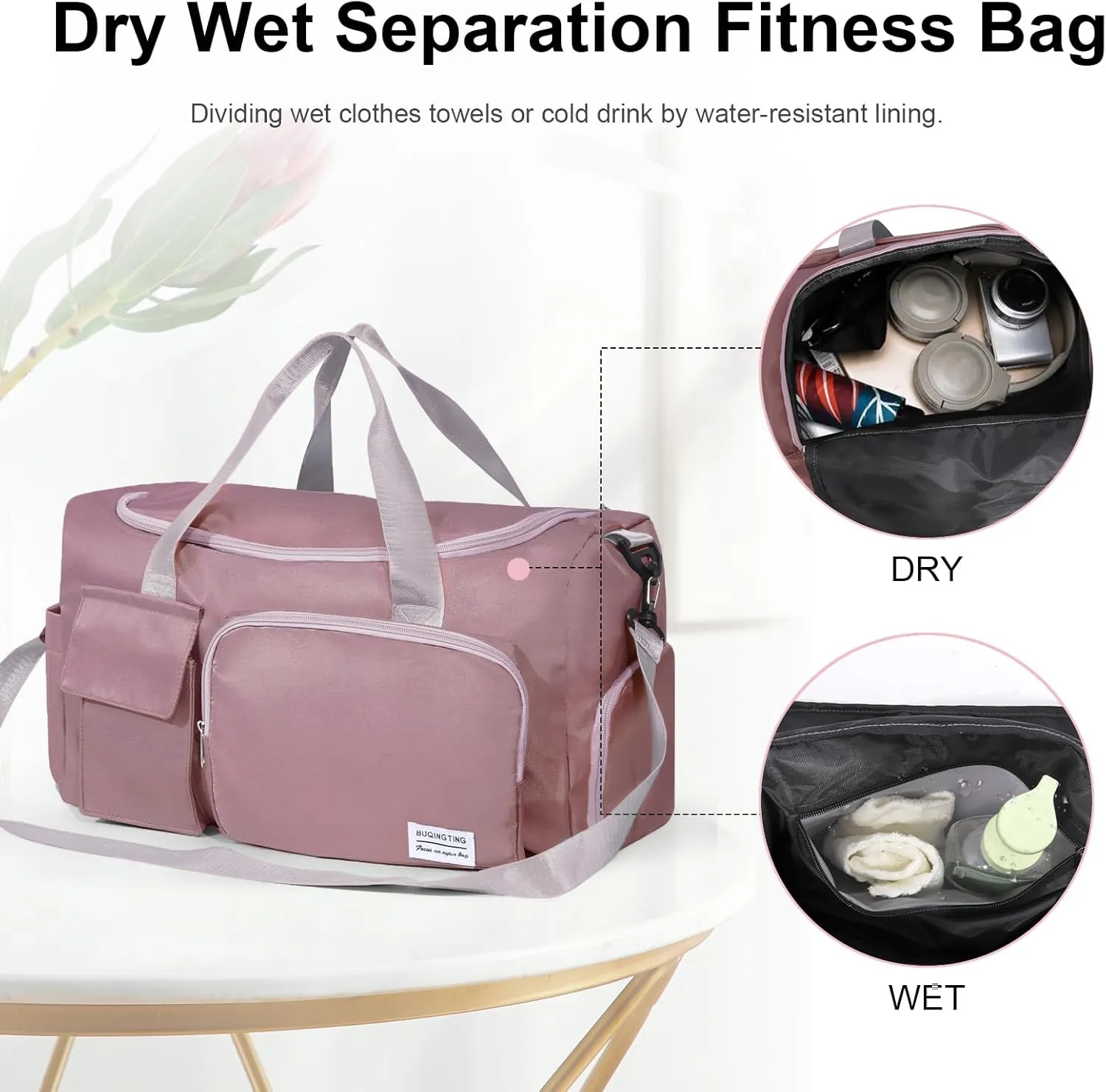 Gym Bag for Women, Duffle Bag with Wet Pocket & Shoes Compartment, Waterproof Carry On Sport Bag, Tote for Workout, Travel, Weekender, Pink, Casual