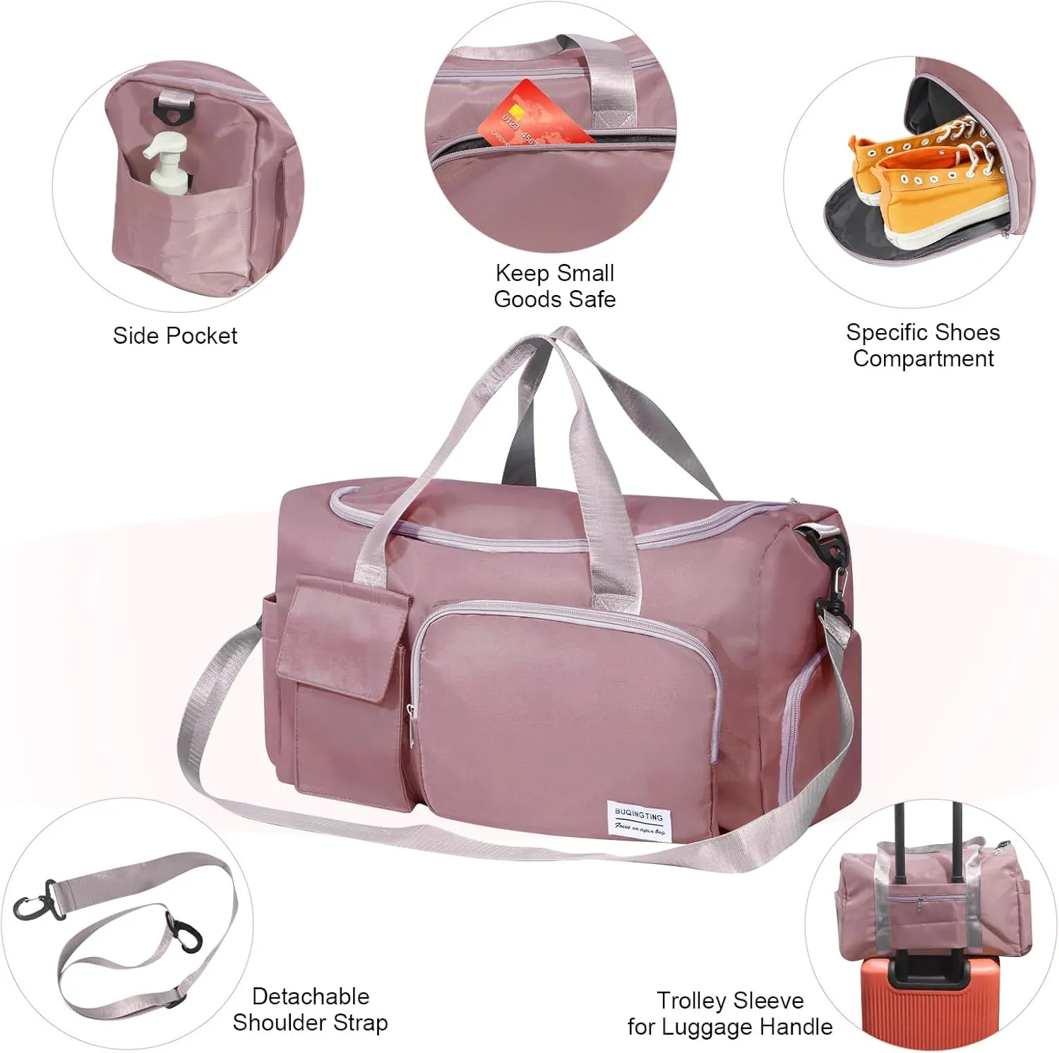 Gym Bag for Women, Duffle Bag with Wet Pocket & Shoes Compartment, Waterproof Carry On Sport Bag, Tote for Workout, Travel, Weekender, Pink, Casual