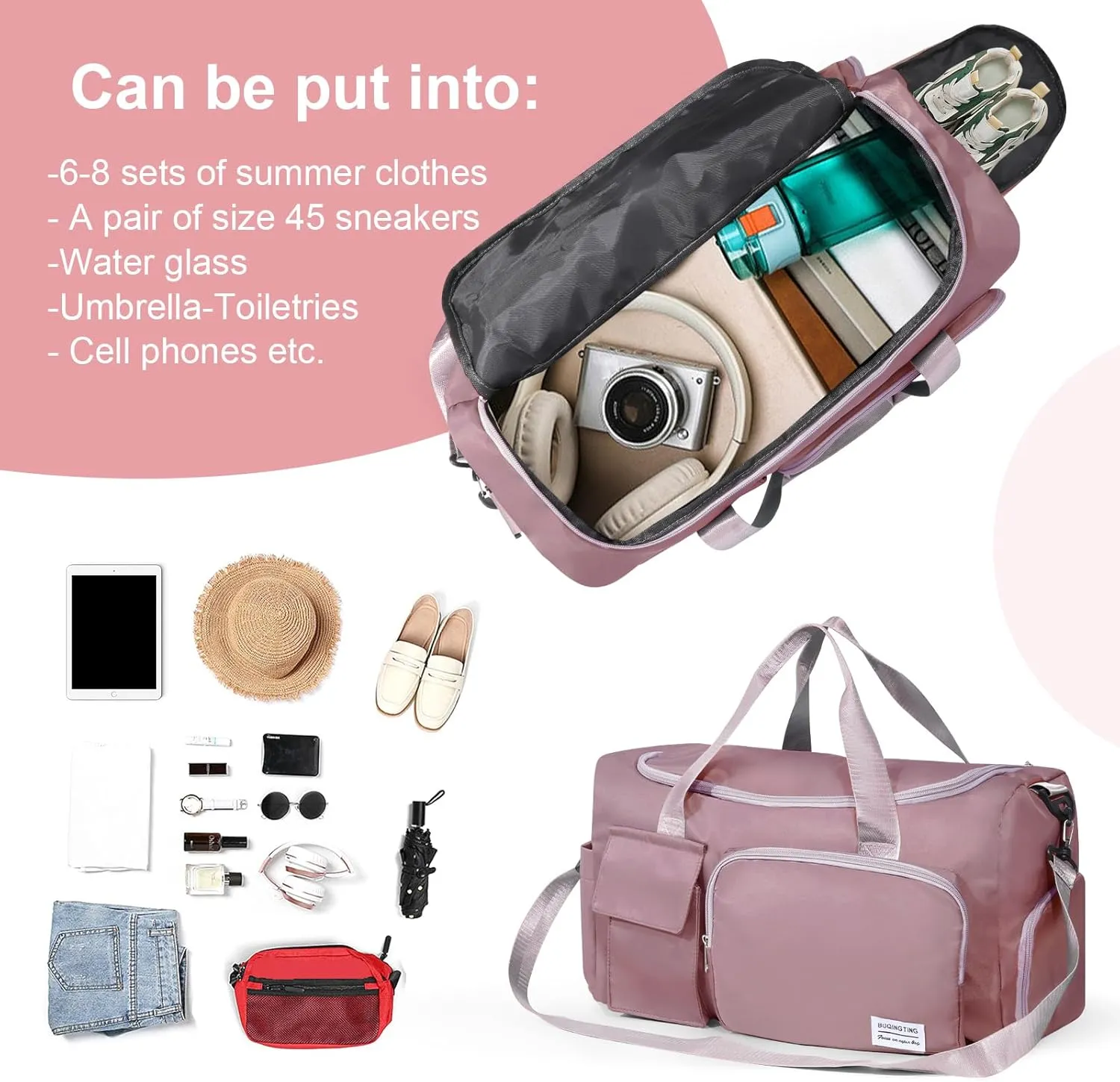 Gym Bag for Women, Duffle Bag with Wet Pocket & Shoes Compartment, Waterproof Carry On Sport Bag, Tote for Workout, Travel, Weekender, Pink, Casual