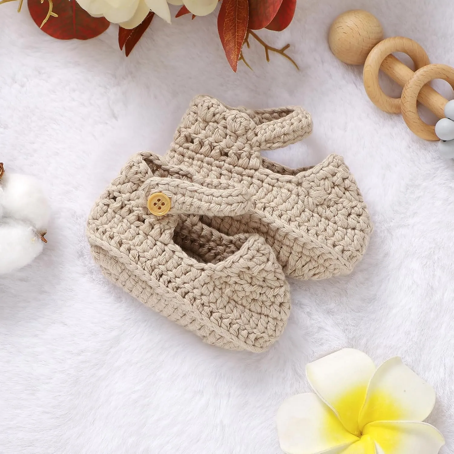 Hadetoto Baby Booties Newborn Baby Mary Jane Shoes Hand Crochet Knit First Walkers Cotton Infant Bootie