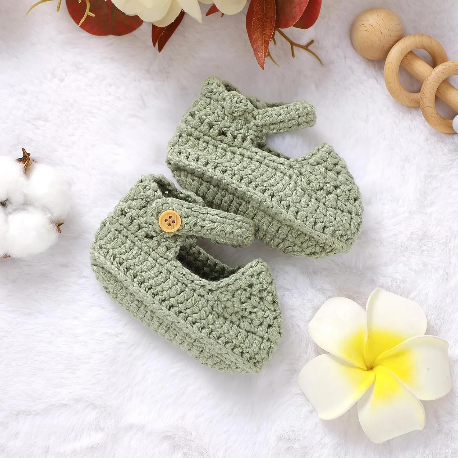 Hadetoto Baby Booties Newborn Baby Mary Jane Shoes Hand Crochet Knit First Walkers Cotton Infant Bootie