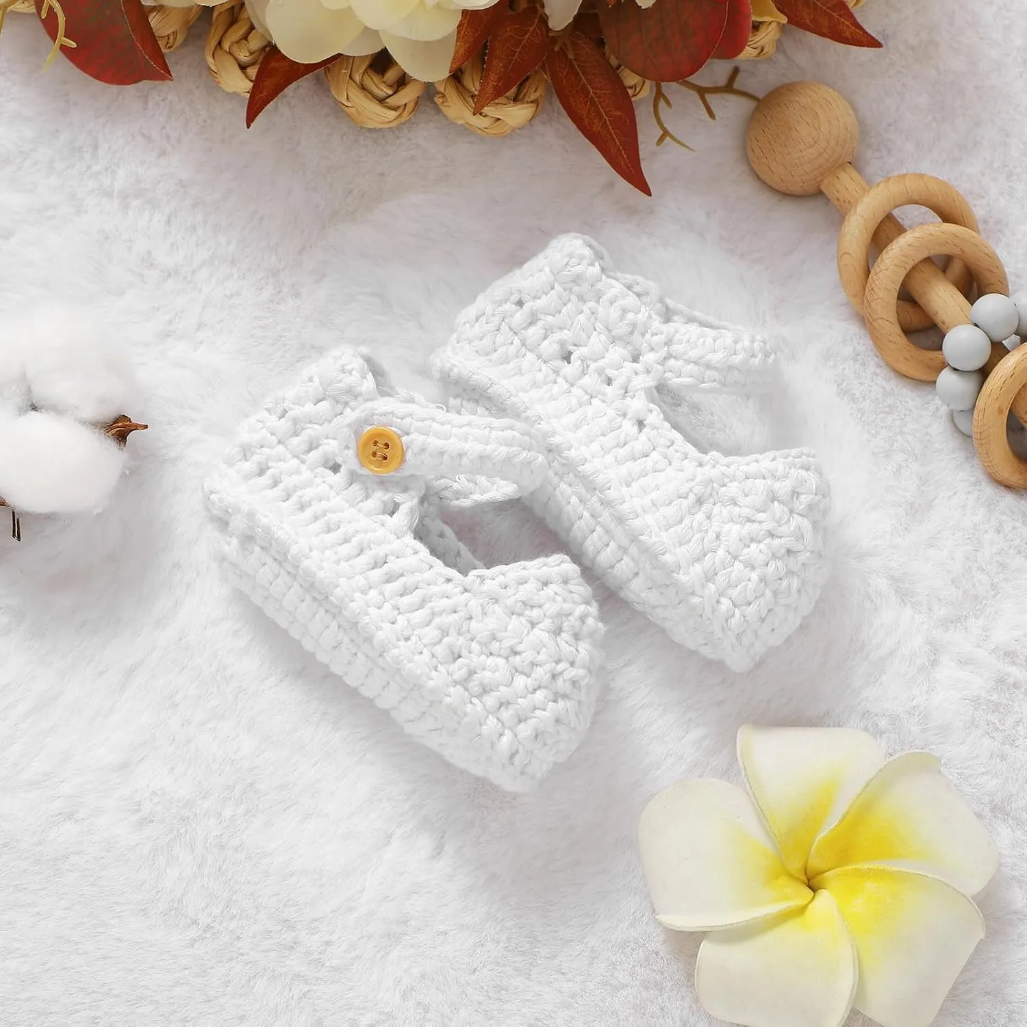 Hadetoto Baby Booties Newborn Baby Mary Jane Shoes Hand Crochet Knit First Walkers Cotton Infant Bootie