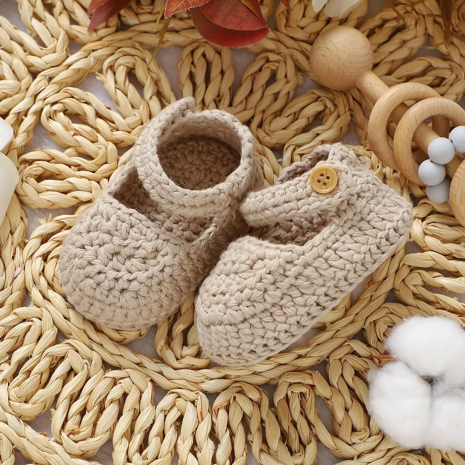 Hadetoto Baby Booties Newborn Baby Mary Jane Shoes Hand Crochet Knit First Walkers Cotton Infant Bootie