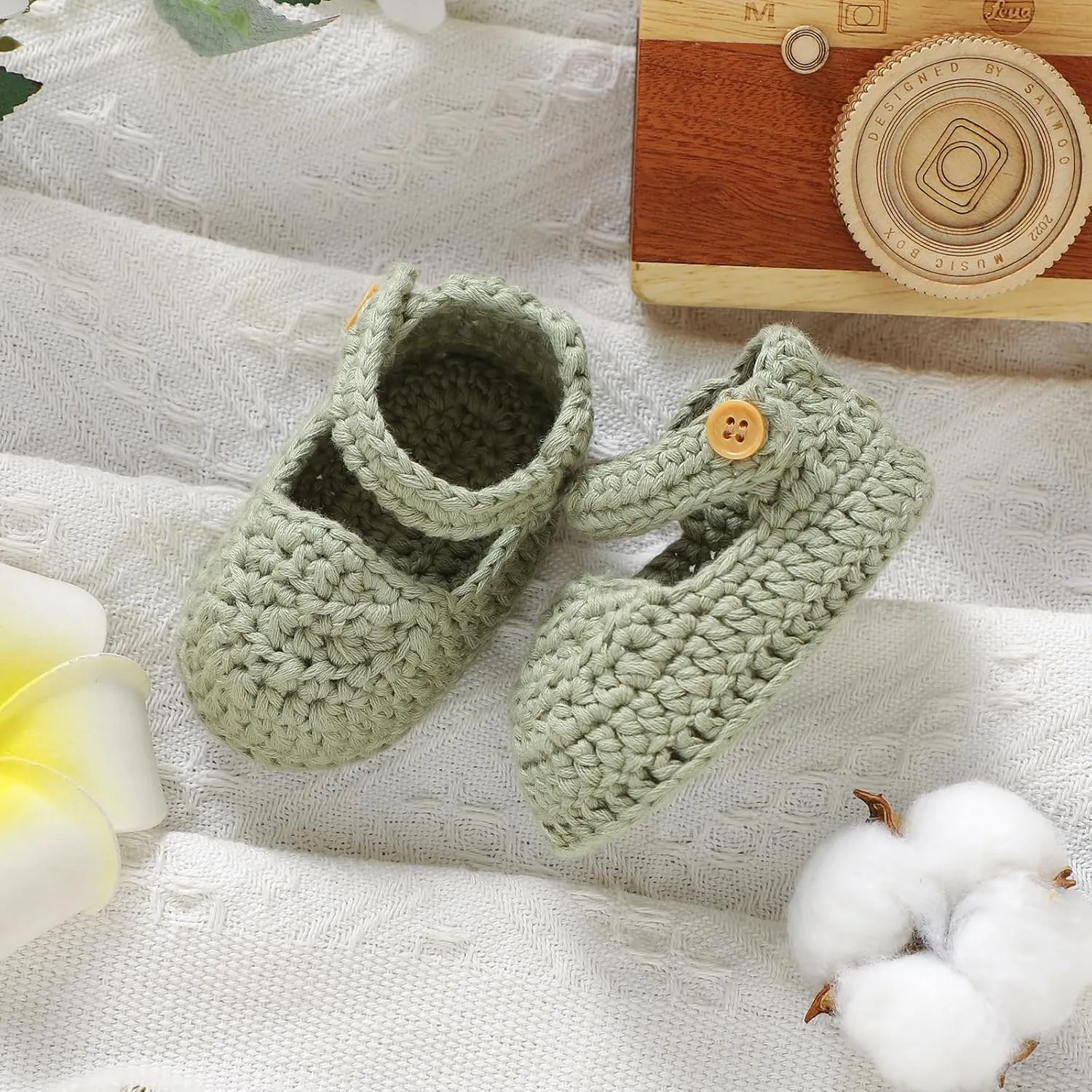 Hadetoto Baby Booties Newborn Baby Mary Jane Shoes Hand Crochet Knit First Walkers Cotton Infant Bootie