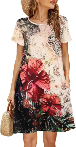 Halife Womens Summer Casual Tshirt Dress Loose Lace Hem Short Sleeve Beach Sundresses with Pockets
