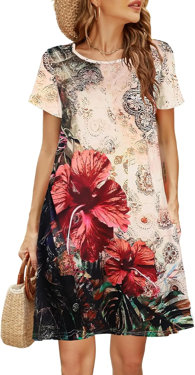 Halife Womens Summer Casual Tshirt Dress Loose Lace Hem Short Sleeve Beach Sundresses with Pockets
