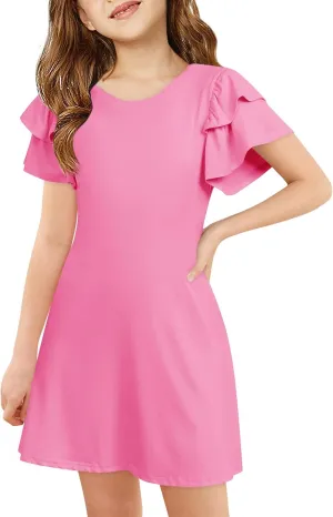 Haloumoning Girls Ruffle Sleeve Dresses Kids Summer Crewneck A Line Casual Dress 5-14 Years