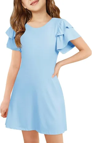 Haloumoning Girls Ruffle Sleeve Dresses Kids Summer Crewneck A Line Casual Dress 5-14 Years