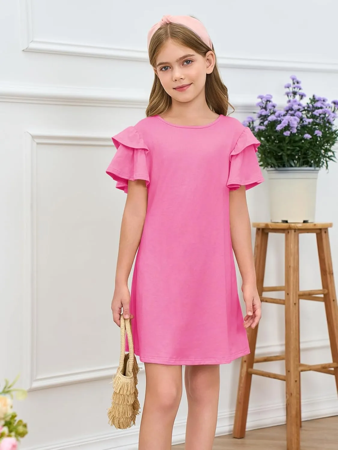 Haloumoning Girls Ruffle Sleeve Dresses Kids Summer Crewneck A Line Casual Dress 5-14 Years