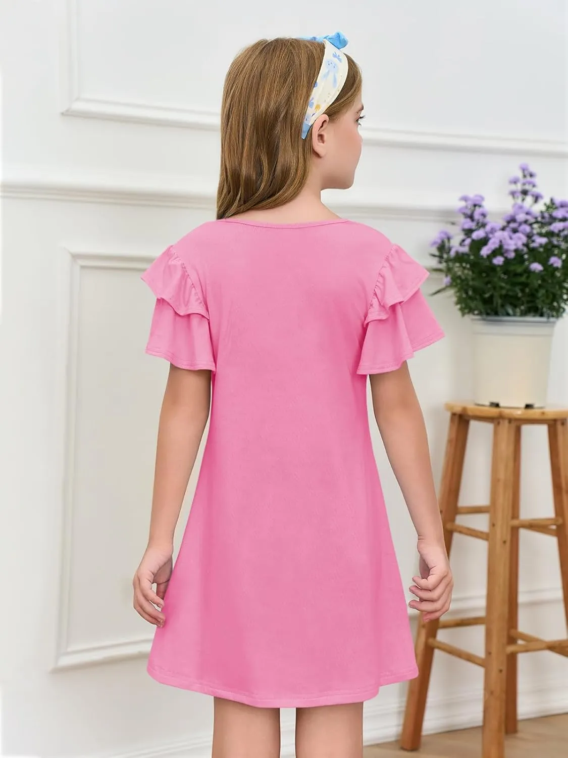 Haloumoning Girls Ruffle Sleeve Dresses Kids Summer Crewneck A Line Casual Dress 5-14 Years
