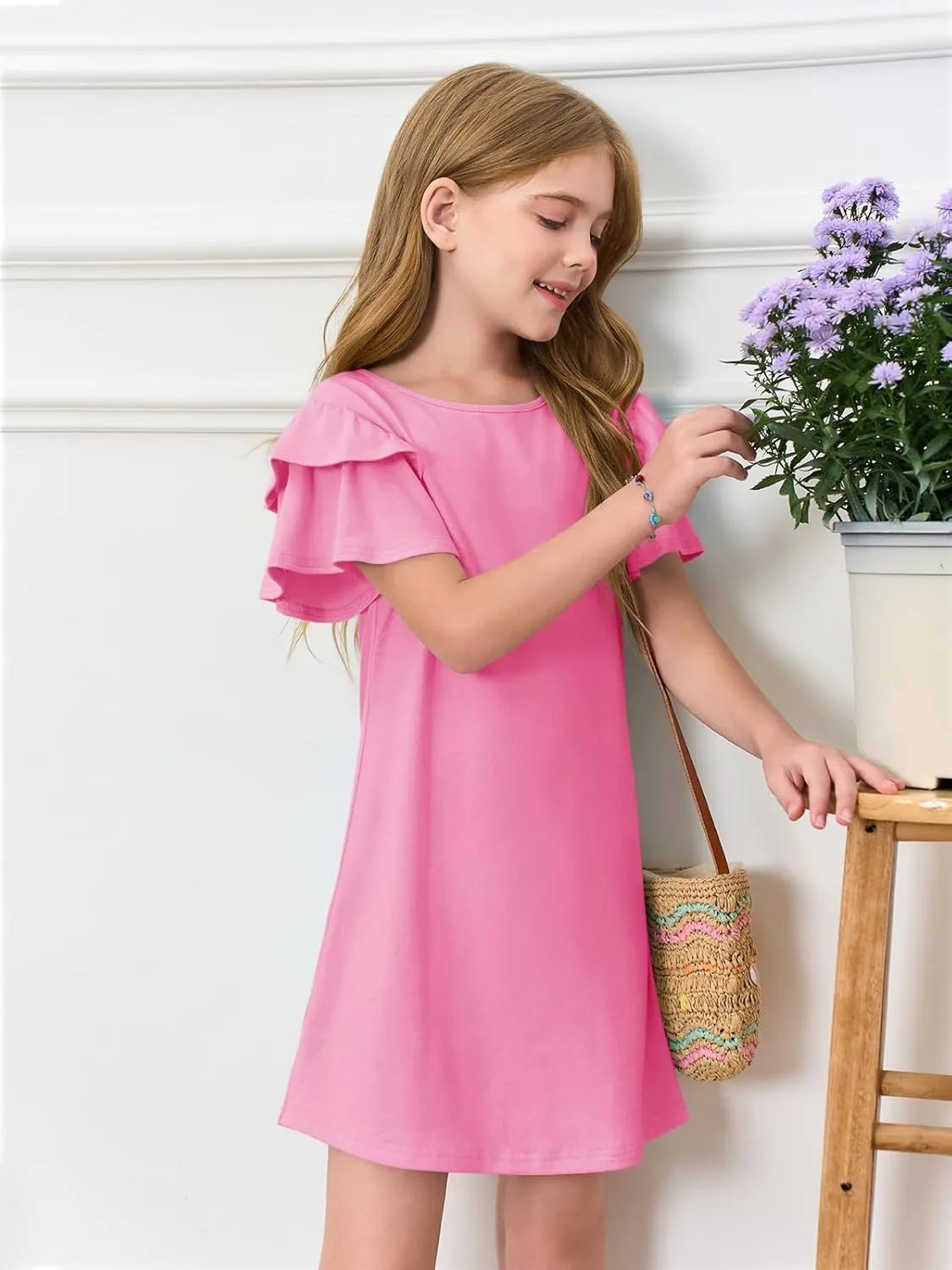 Haloumoning Girls Ruffle Sleeve Dresses Kids Summer Crewneck A Line Casual Dress 5-14 Years