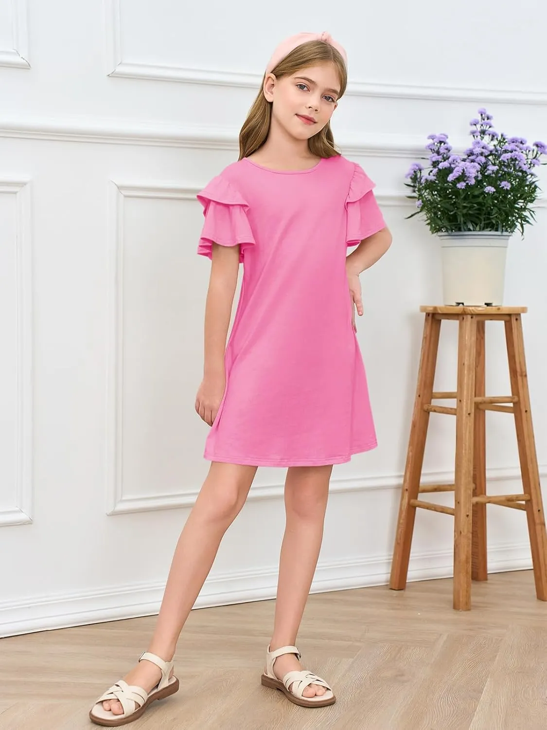 Haloumoning Girls Ruffle Sleeve Dresses Kids Summer Crewneck A Line Casual Dress 5-14 Years