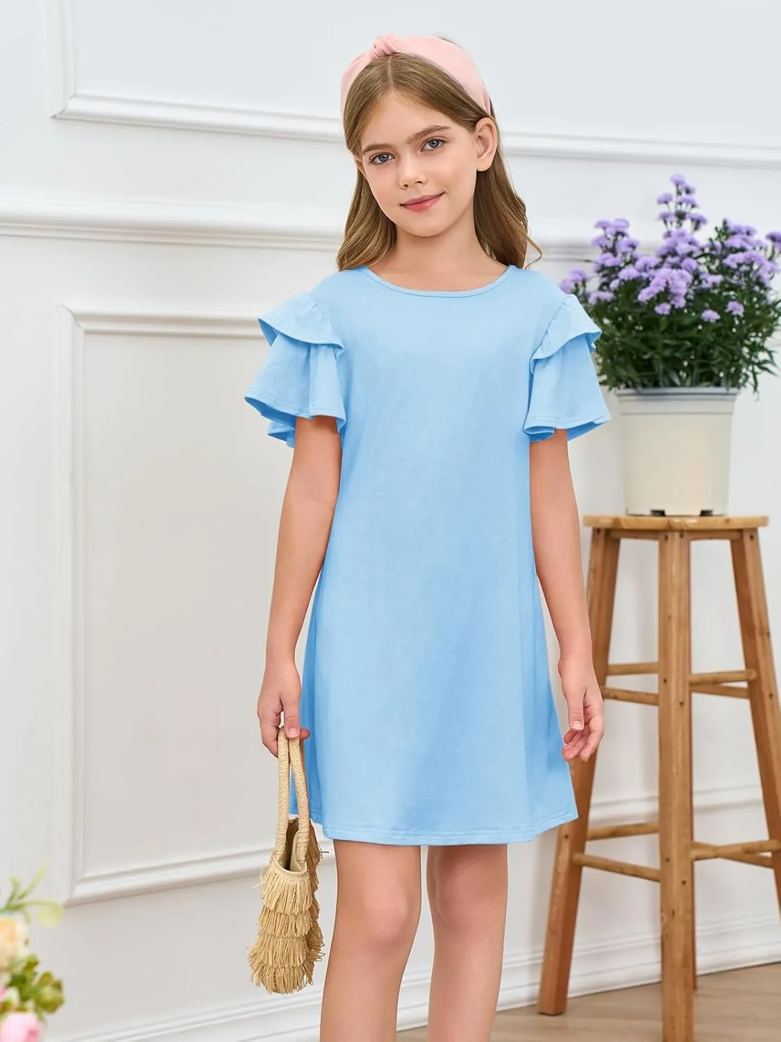 Haloumoning Girls Ruffle Sleeve Dresses Kids Summer Crewneck A Line Casual Dress 5-14 Years