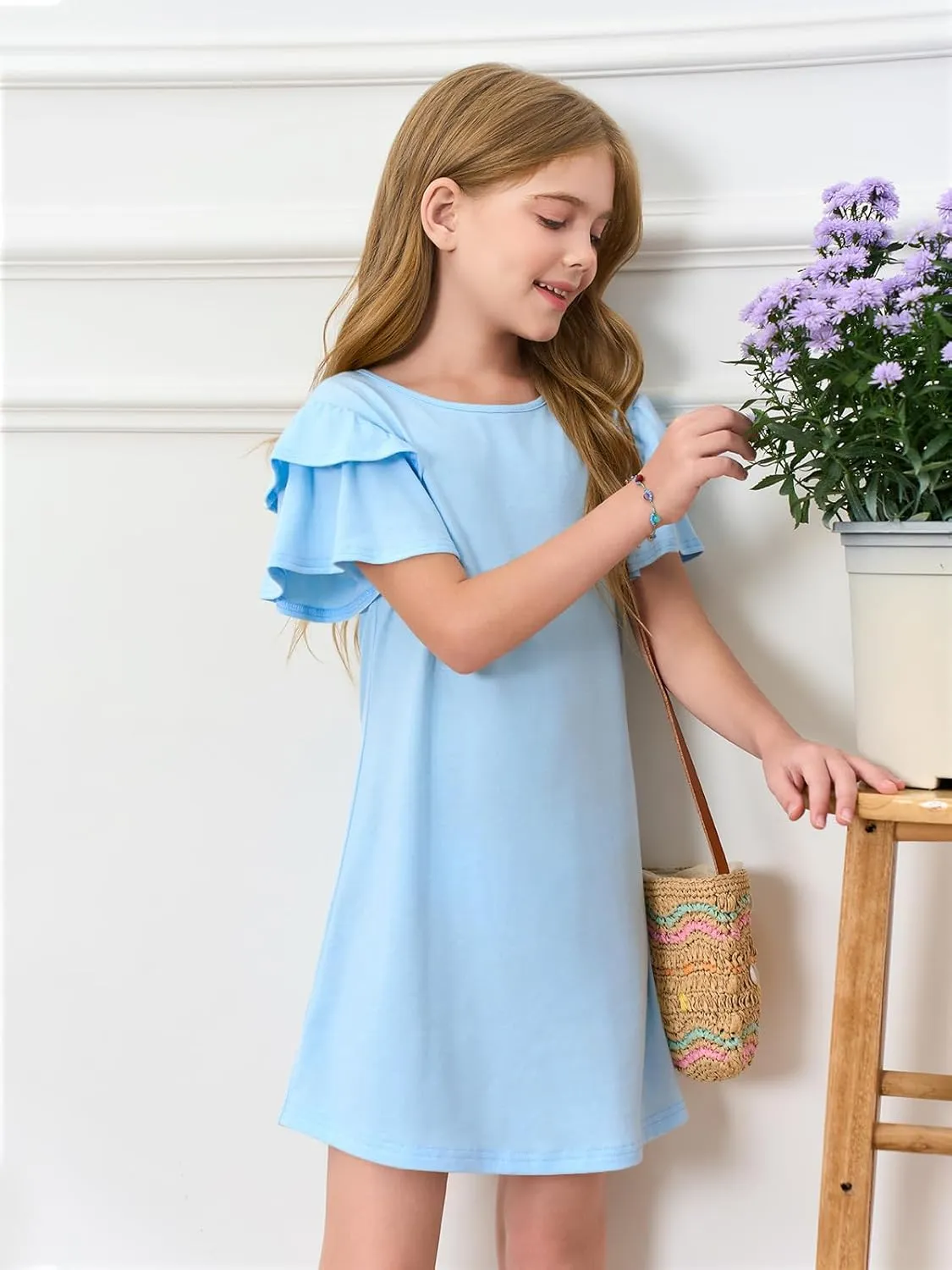 Haloumoning Girls Ruffle Sleeve Dresses Kids Summer Crewneck A Line Casual Dress 5-14 Years