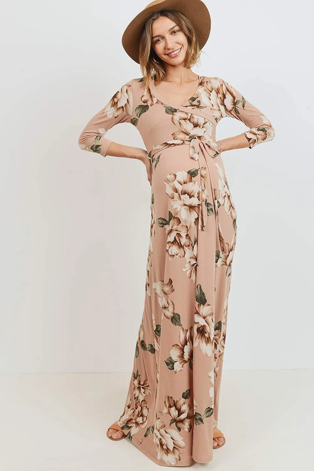 HELLO MIZ Women's Faux Wrap Maxi Maternity Dress with Belt - Made in USA