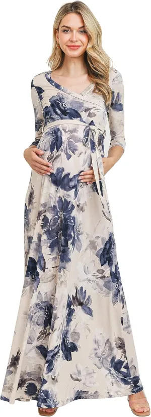 HELLO MIZ Women's Faux Wrap Maxi Maternity Dress with Belt - Made in USA