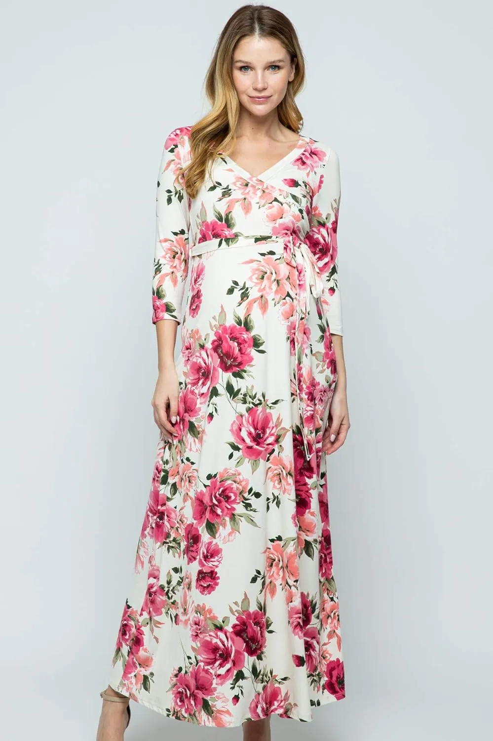 HELLO MIZ Women's Faux Wrap Maxi Maternity Dress with Belt - Made in USA