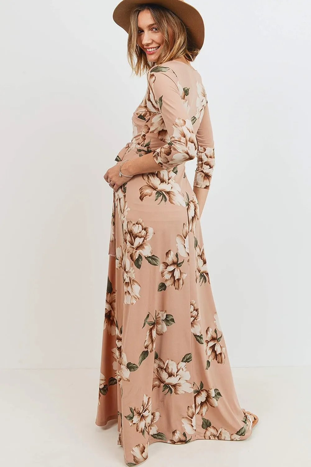 HELLO MIZ Women's Faux Wrap Maxi Maternity Dress with Belt - Made in USA