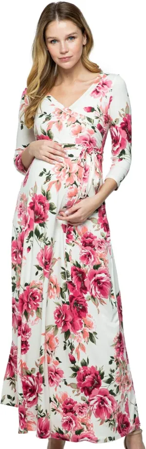 HELLO MIZ Women's Faux Wrap Maxi Maternity Dress with Belt - Made in USA