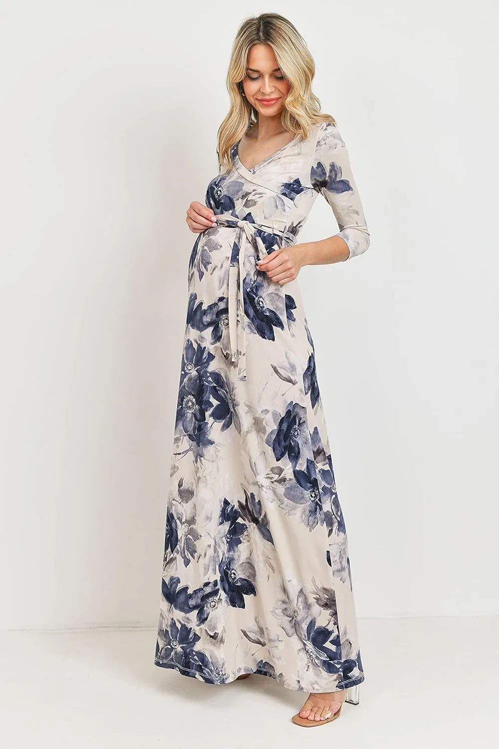 HELLO MIZ Women's Faux Wrap Maxi Maternity Dress with Belt - Made in USA