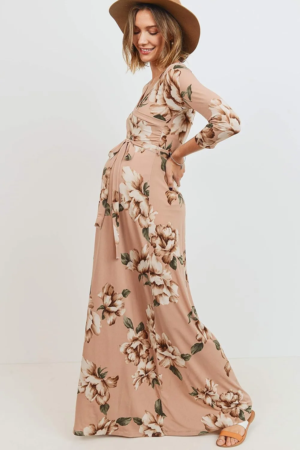 HELLO MIZ Women's Faux Wrap Maxi Maternity Dress with Belt - Made in USA