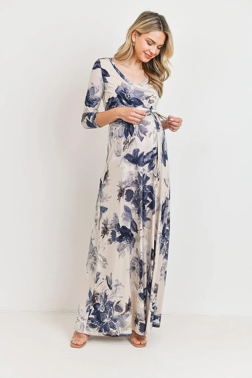 HELLO MIZ Women's Faux Wrap Maxi Maternity Dress with Belt - Made in USA