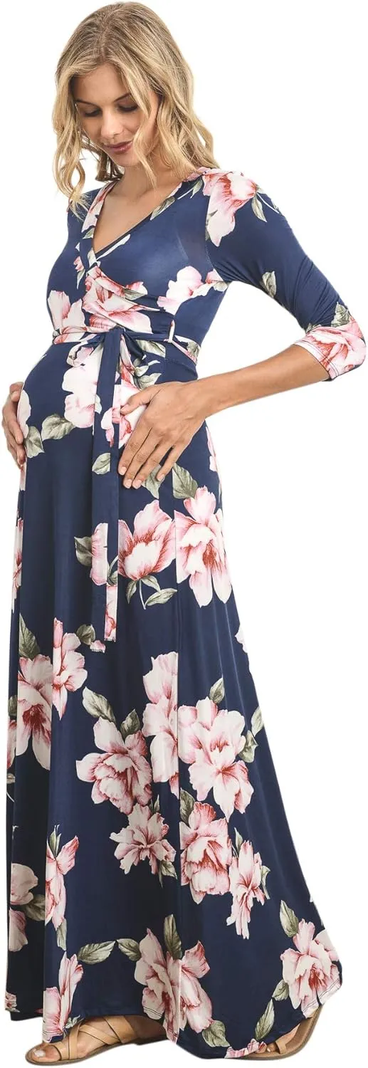 HELLO MIZ Women's Faux Wrap Maxi Maternity Dress with Belt - Made in USA