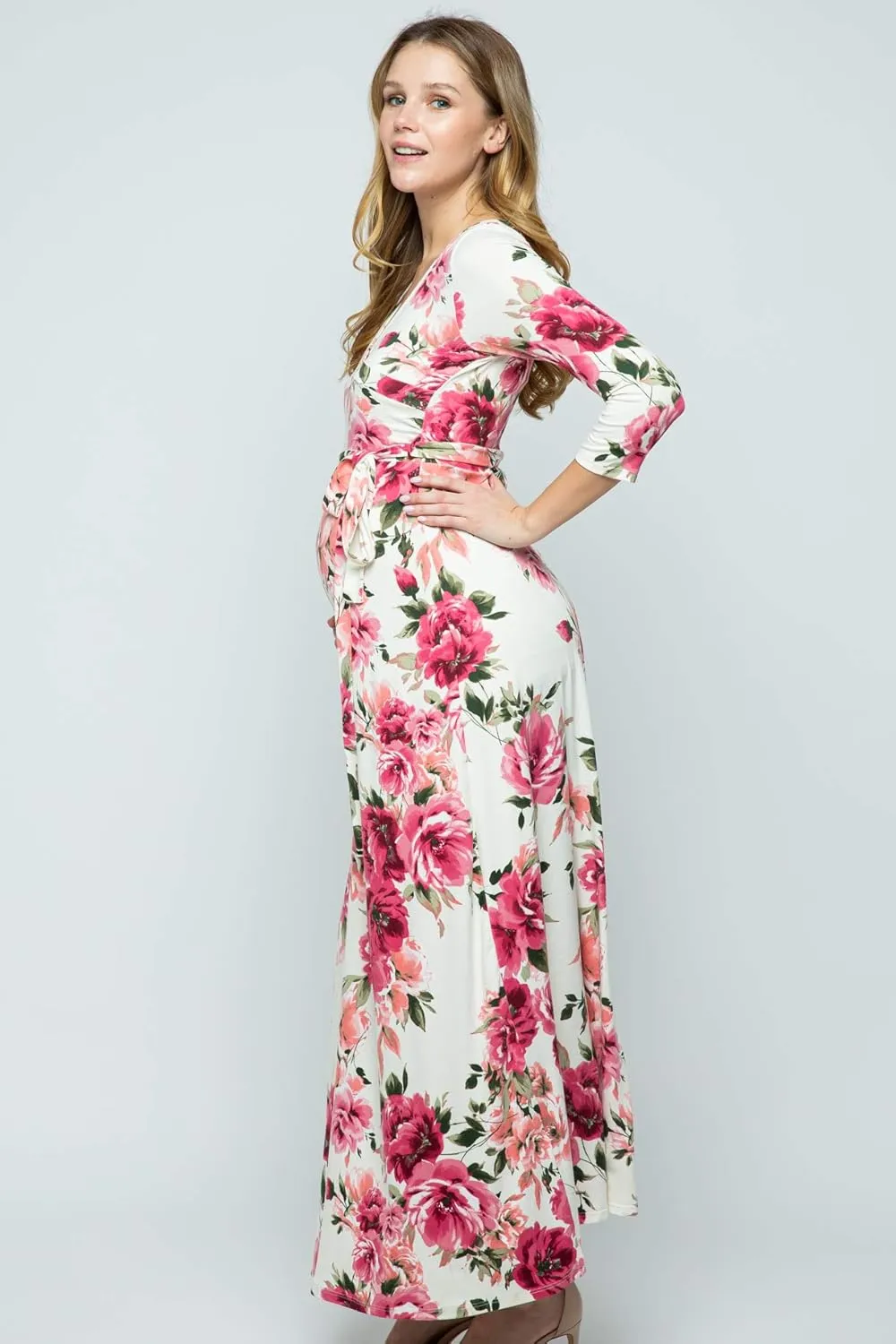 HELLO MIZ Women's Faux Wrap Maxi Maternity Dress with Belt - Made in USA
