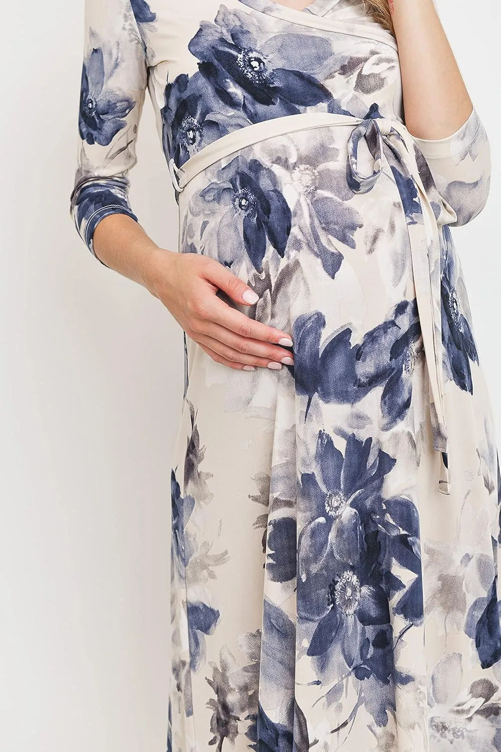 HELLO MIZ Women's Faux Wrap Maxi Maternity Dress with Belt - Made in USA