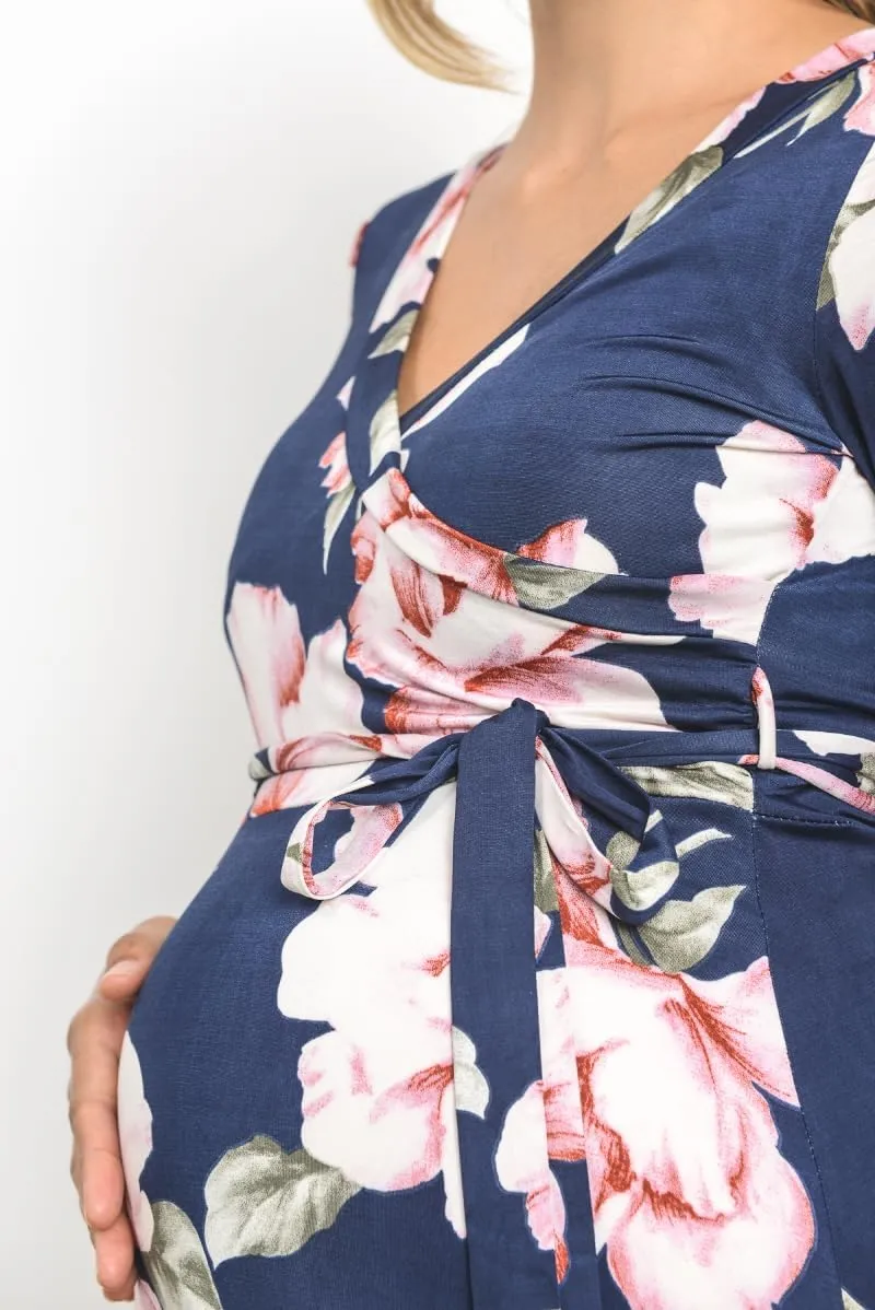HELLO MIZ Women's Faux Wrap Maxi Maternity Dress with Belt - Made in USA