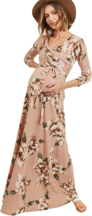 HELLO MIZ Women's Faux Wrap Maxi Maternity Dress with Belt - Made in USA