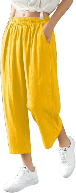 High Waisted Wide Leg Cotton Linen Capri Pants for Women - Breathable Trousers with Pocket for Summer Beach Casual