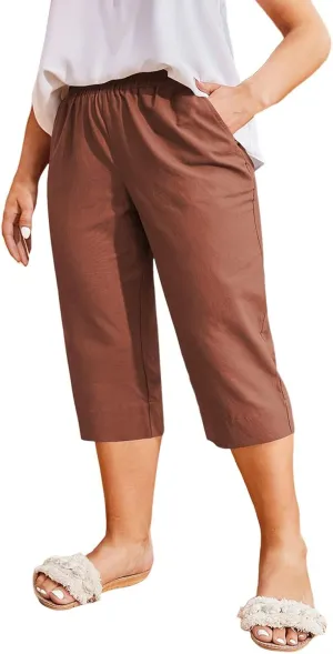 High Waisted Wide Leg Cotton Linen Capri Pants for Women - Breathable Trousers with Pocket for Summer Beach Casual