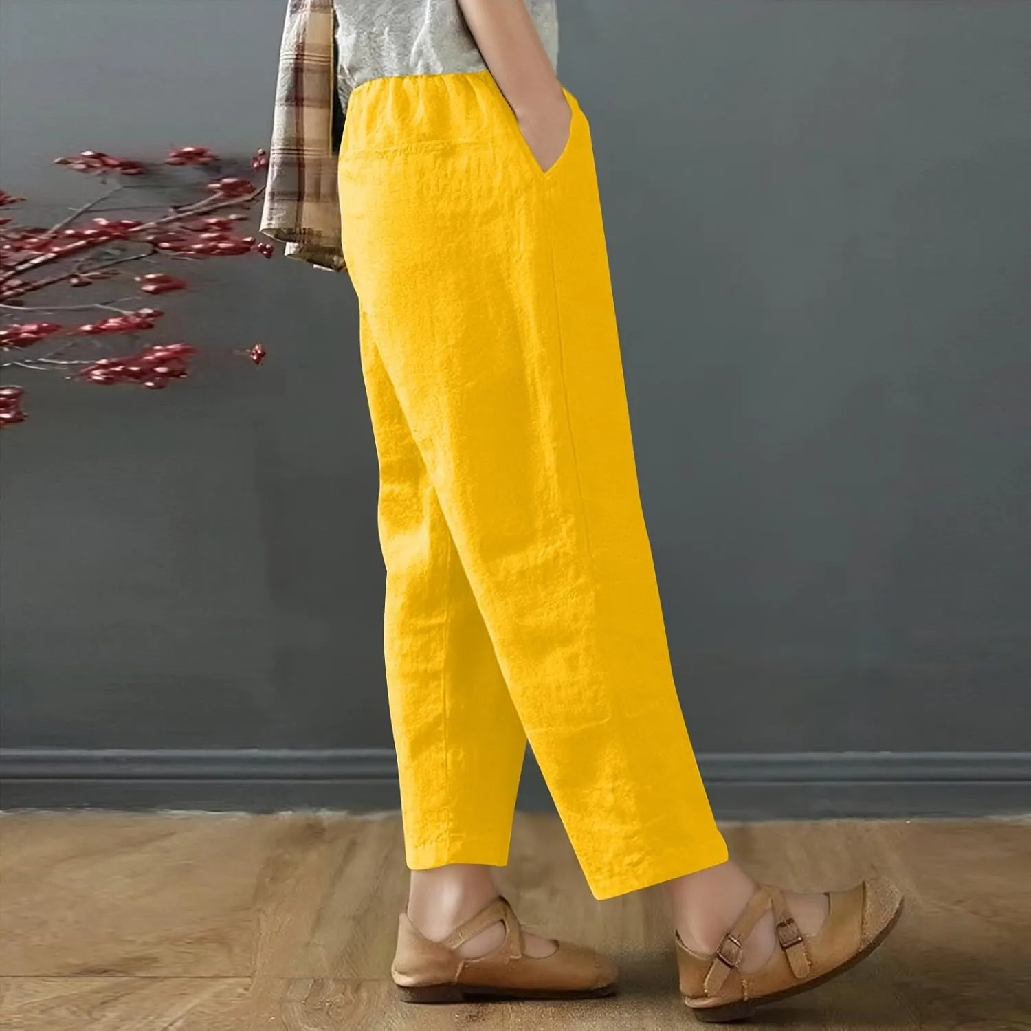 High Waisted Wide Leg Cotton Linen Capri Pants for Women - Breathable Trousers with Pocket for Summer Beach Casual