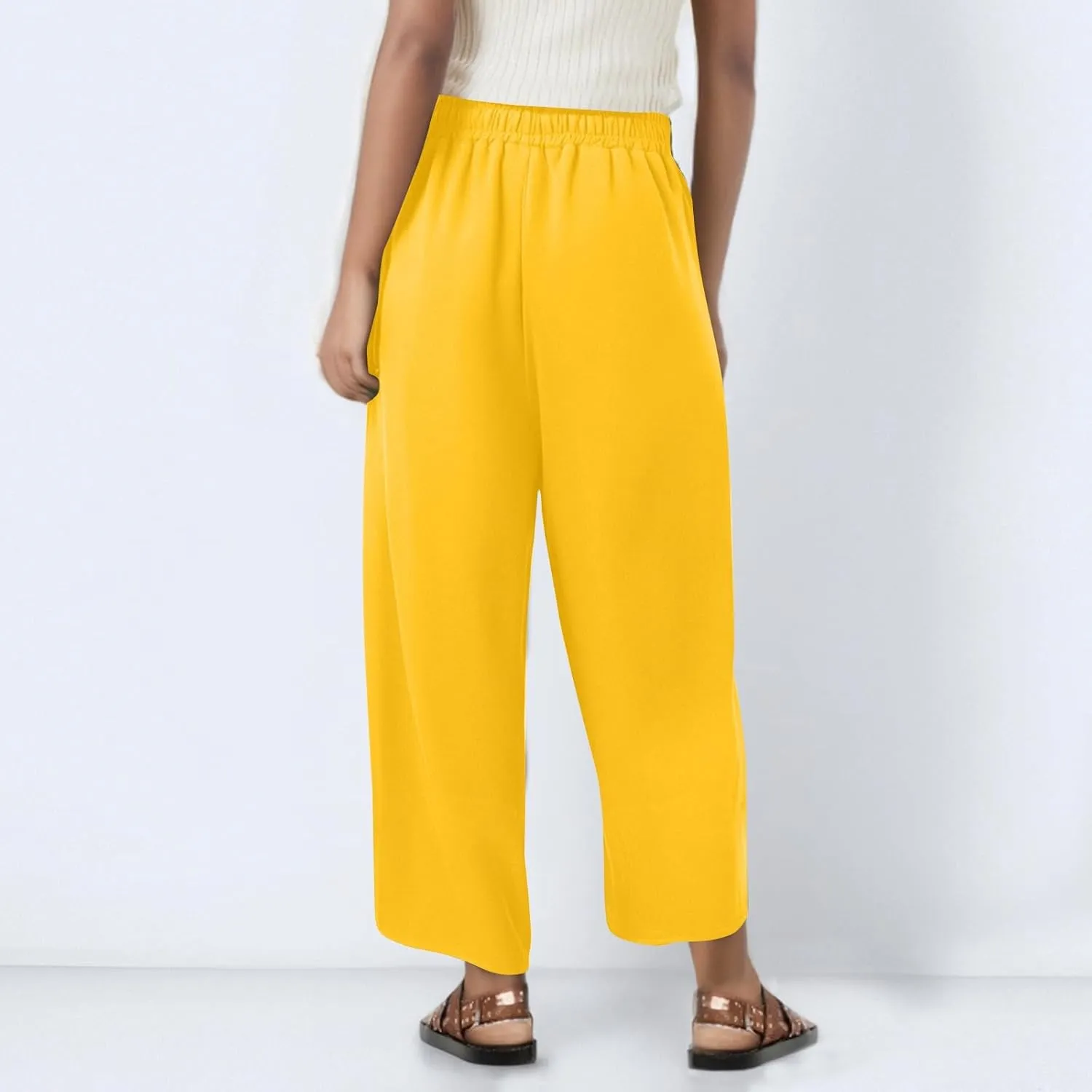 High Waisted Wide Leg Cotton Linen Capri Pants for Women - Breathable Trousers with Pocket for Summer Beach Casual