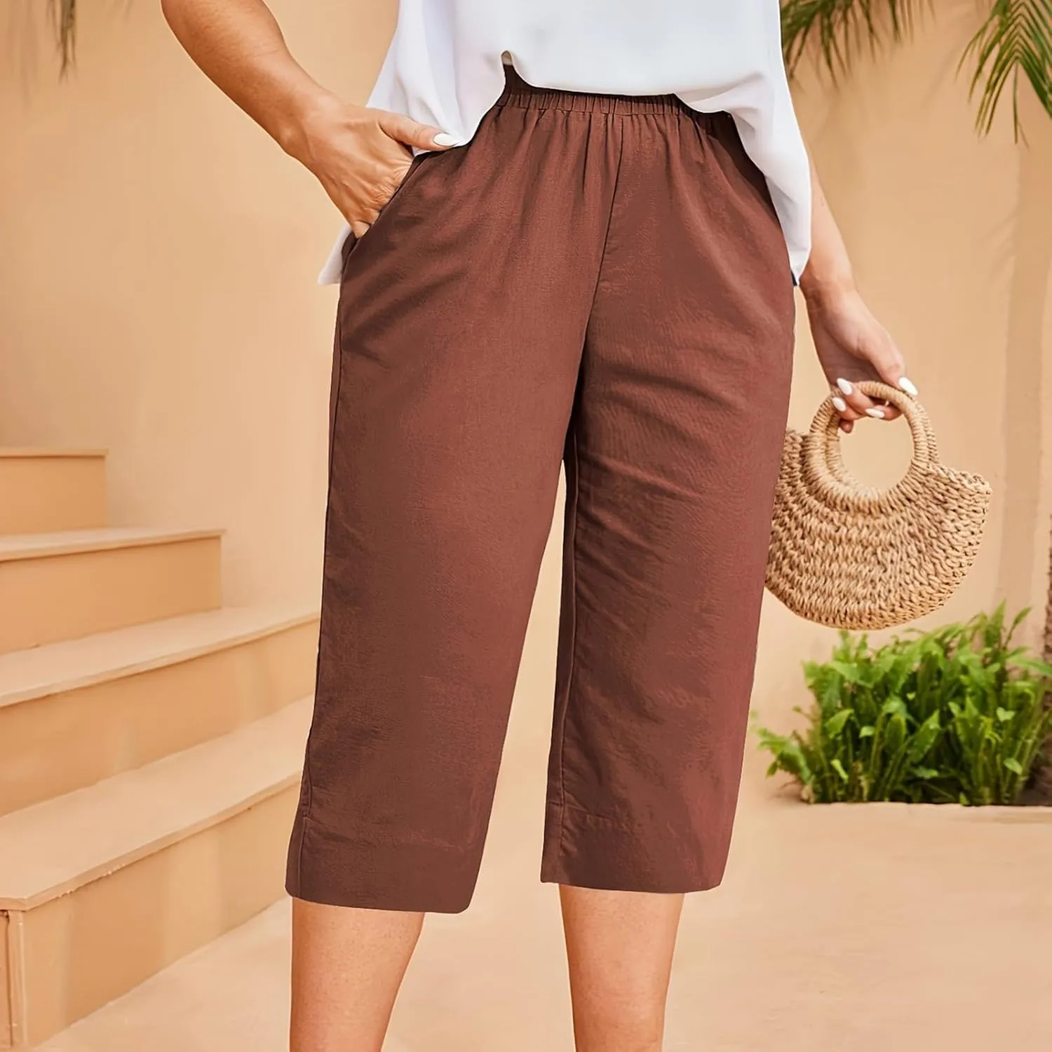 High Waisted Wide Leg Cotton Linen Capri Pants for Women - Breathable Trousers with Pocket for Summer Beach Casual
