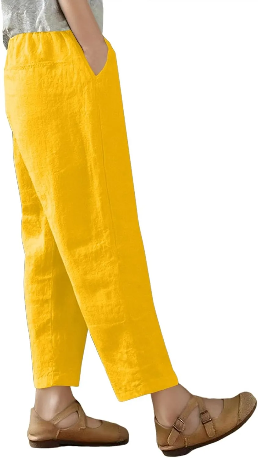 High Waisted Wide Leg Cotton Linen Capri Pants for Women - Breathable Trousers with Pocket for Summer Beach Casual