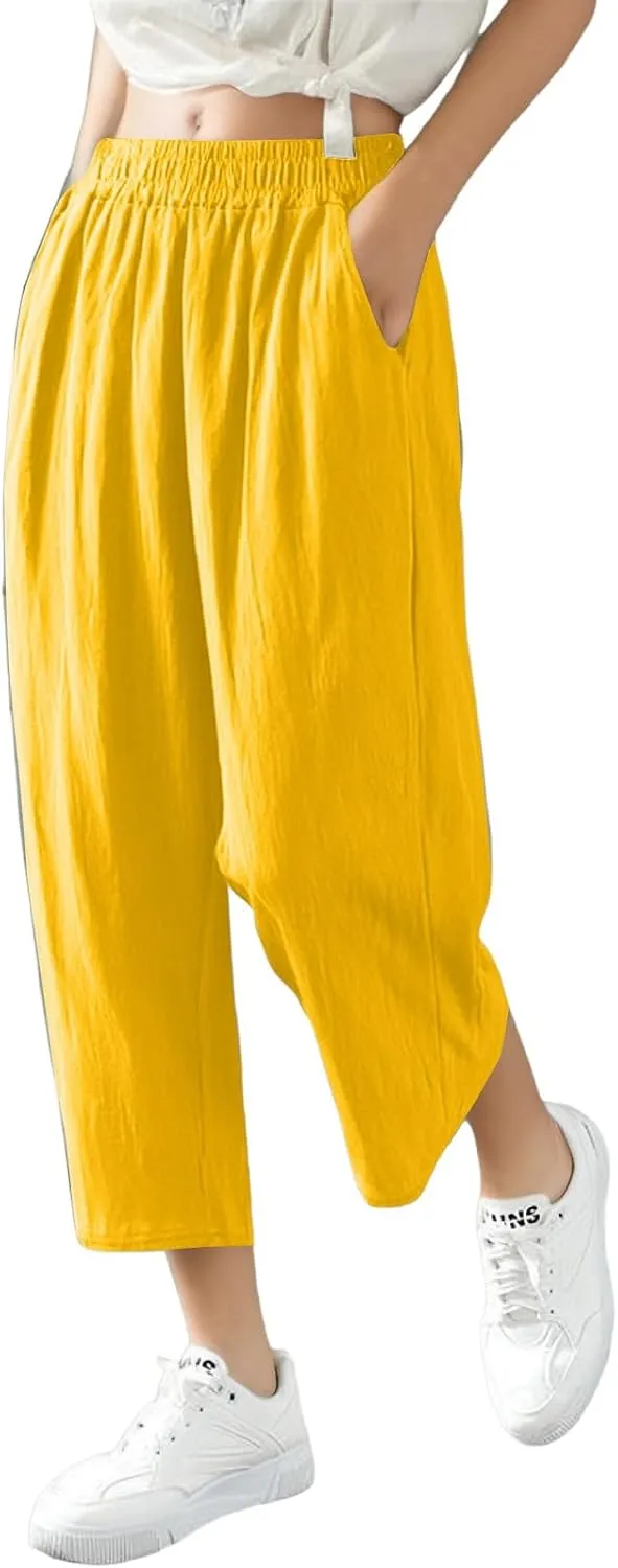 High Waisted Wide Leg Cotton Linen Capri Pants for Women - Breathable Trousers with Pocket for Summer Beach Casual