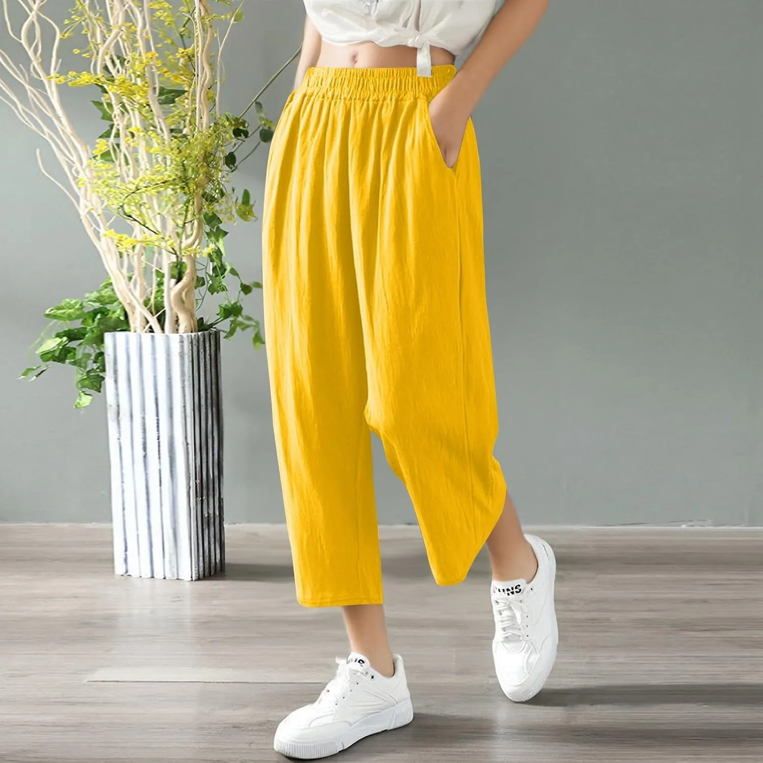 High Waisted Wide Leg Cotton Linen Capri Pants for Women - Breathable Trousers with Pocket for Summer Beach Casual