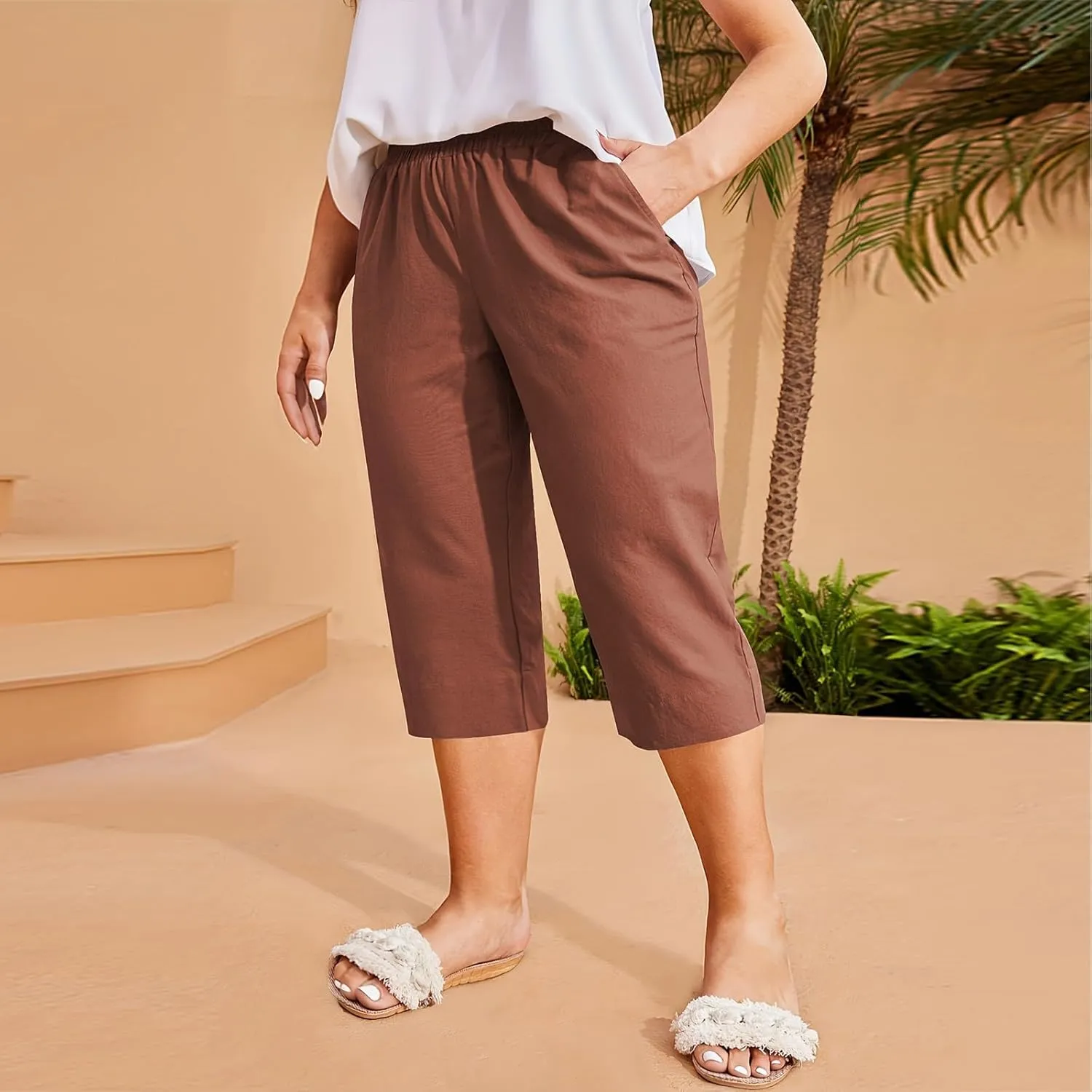 High Waisted Wide Leg Cotton Linen Capri Pants for Women - Breathable Trousers with Pocket for Summer Beach Casual