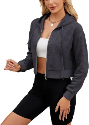 Hooded Sweatshirt Women with Zipper Cropped,Zipper Hooded Drawstring Solid Color Short Long Sleeve Sweatshirt