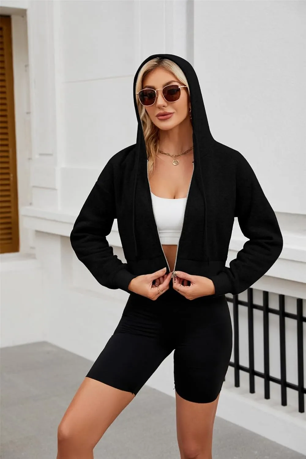 Hooded Sweatshirt Women with Zipper Cropped,Zipper Hooded Drawstring Solid Color Short Long Sleeve Sweatshirt