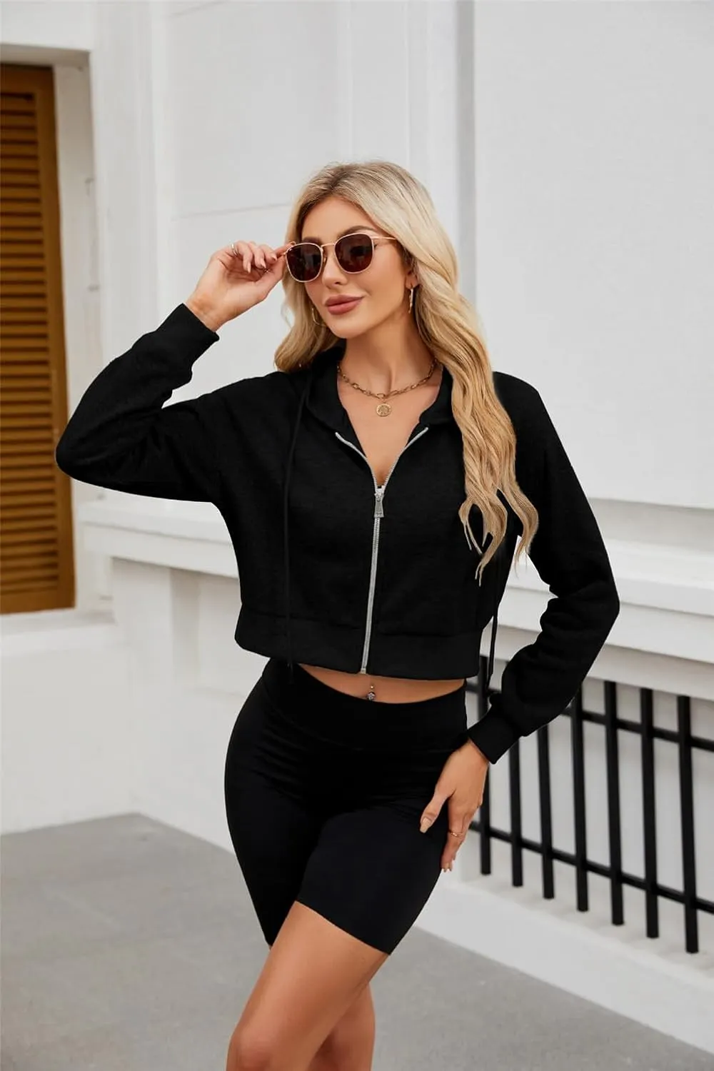 Hooded Sweatshirt Women with Zipper Cropped,Zipper Hooded Drawstring Solid Color Short Long Sleeve Sweatshirt