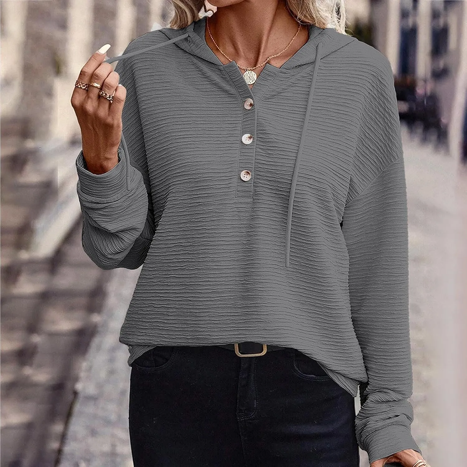 Hoodies for Women Drawstring Button Down V Neck Long Sleeve Casual Pullover Sweatshirt Hooded Spring Fall Tops 2024